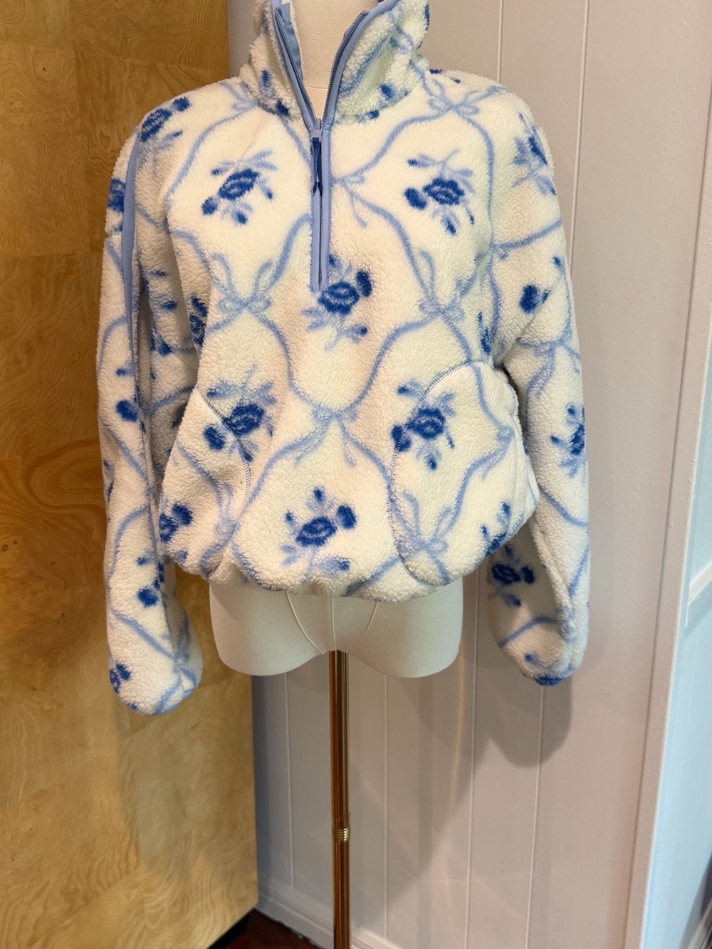 Old Navy White Sherpa Pullover with Blue Floral Print